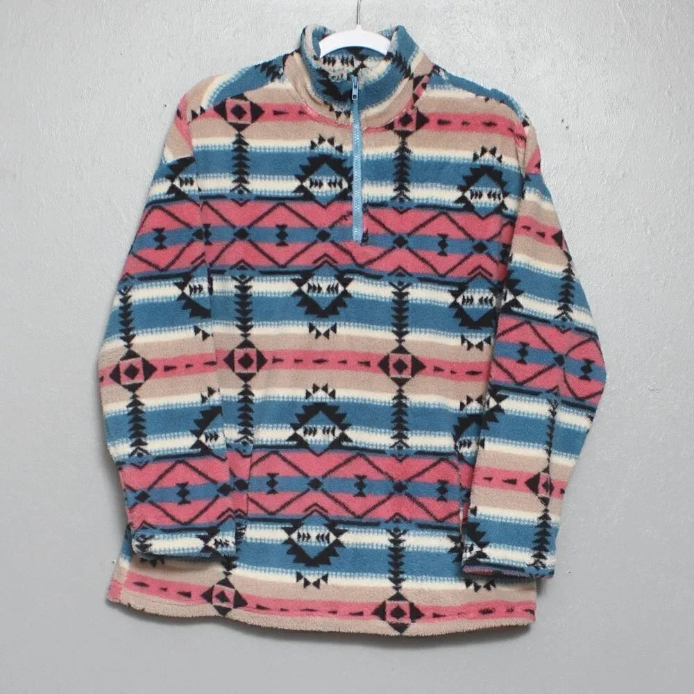 Heyson boutique southwestern blue pink stripe faux Sherpa pullover
